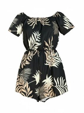 SHEIN Black Tropical Leaf Off-Shoulder Romper with Beige & Cream Print